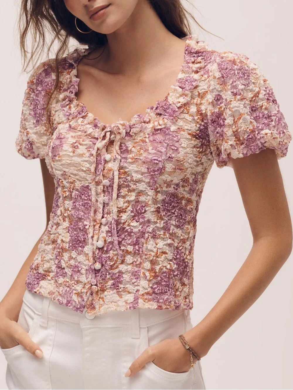 Anthropologie Purple Cream Lace Floral Ruffle Tie Puffy Sleeves Sheer Top XXS